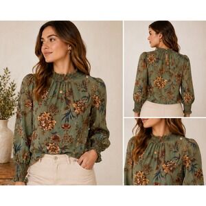 Flying Tomato Sage Green Floral Smocked Mock Neck Balloon Sleeve Blouse Small